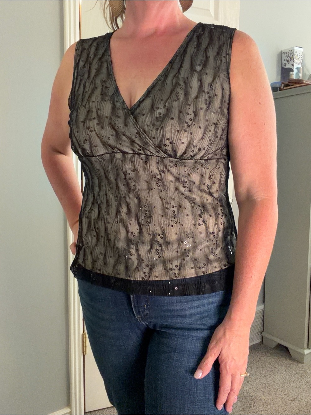 AB Studio Black Lace Overlay Sleeveless V-Neck Blouse